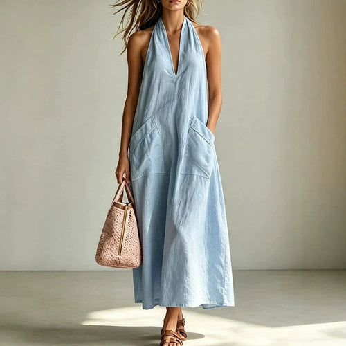Cotton halterneck sleeveless deep V-neck casual dress by FitiqueFit, featuring a loose straight-line fit and breathable fabric.