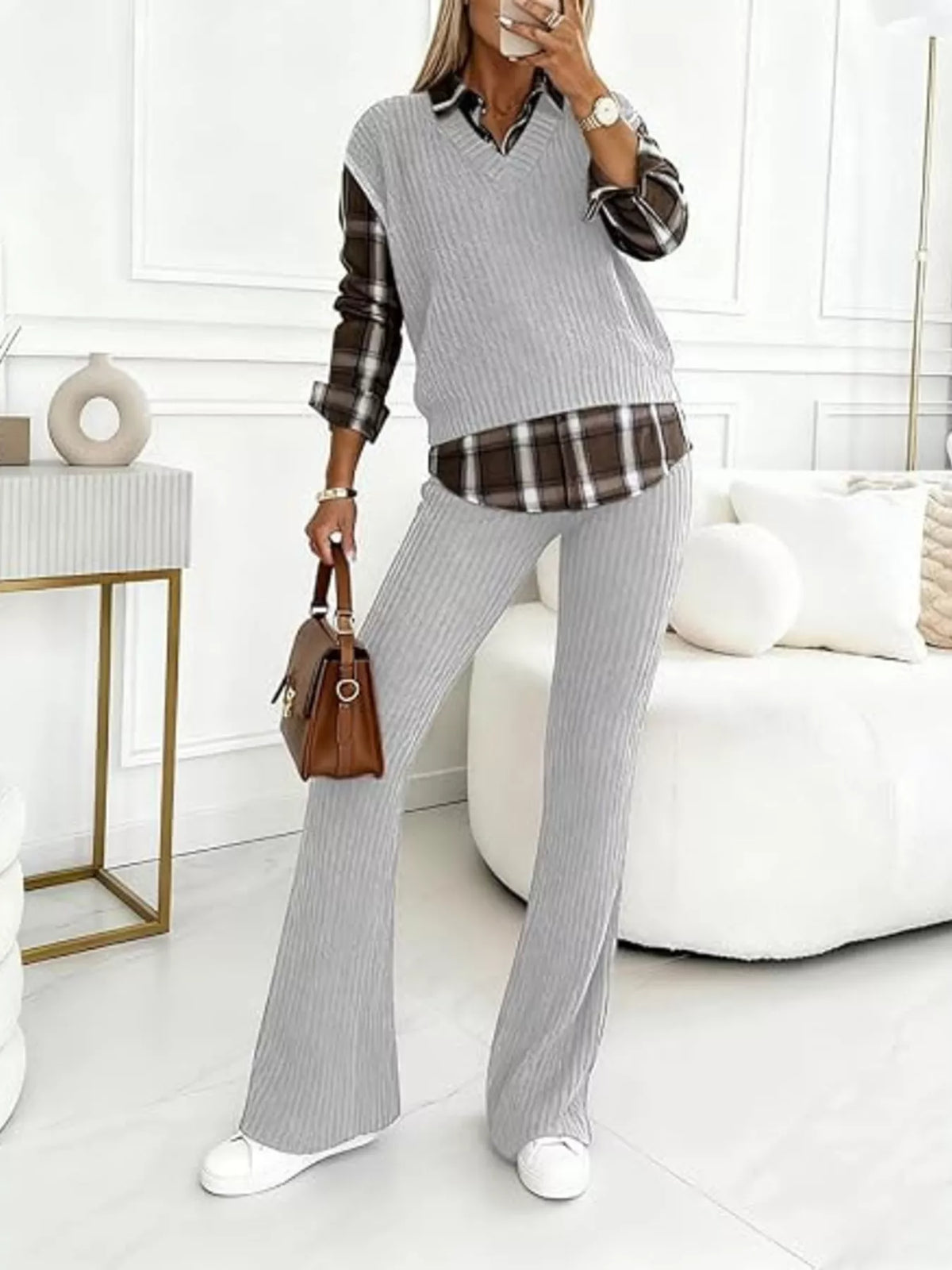 Ribbed knit plaid sleeve top and matching pants set by Trendsi, stylish and cozy loungewear in a plaid pattern.