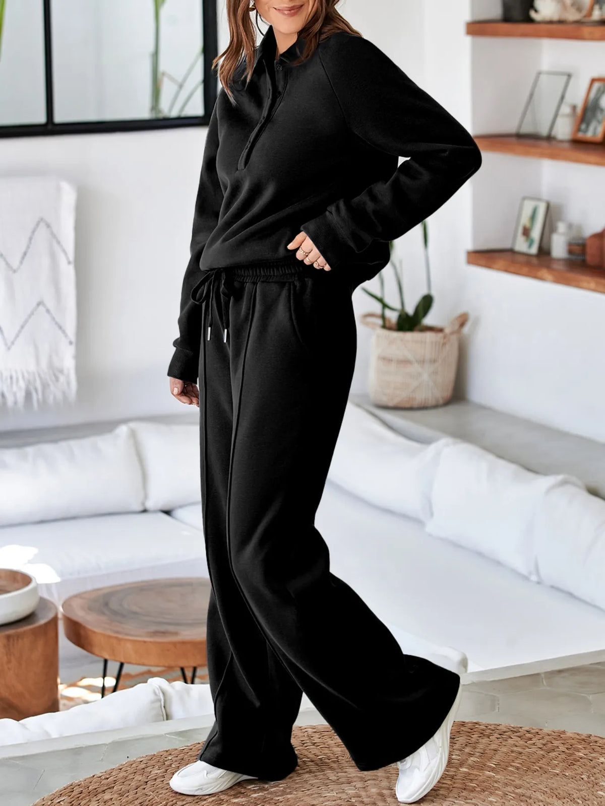 Plush Fashion Hub activewear set with collared sweatshirt and high waist pants, ideal for comfortable workouts and casual wear.