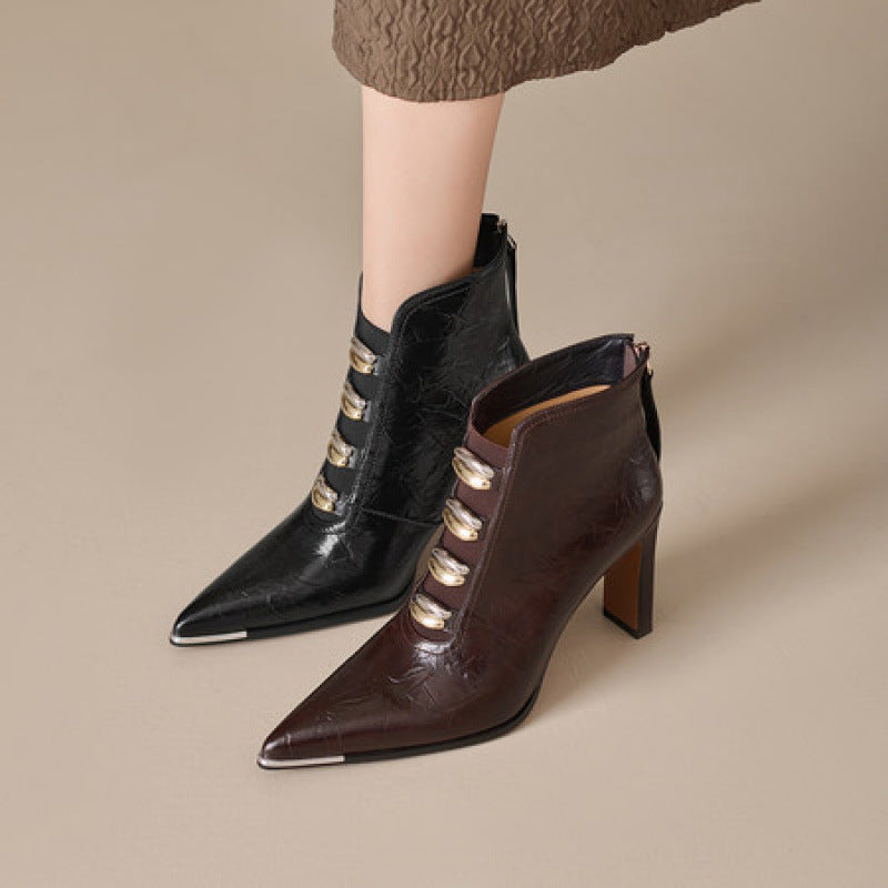 Women's satin pointed toe chunky heel short boots by Plush Fashion Hub, featuring ultra high heels and sleek design.
