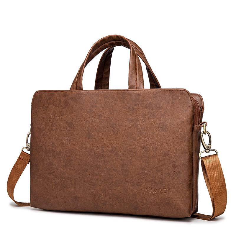 Pi-Mart handheld one shoulder leather briefcase with business notebook compartment, sleek and professional for business use.