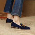 Women's retro suede loafers with metal buckle, chunky platform heel, slip-on design, stylish footwear by Plush Fashion Hub.