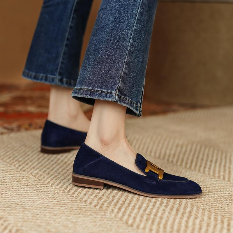 Women's retro suede loafers with metal buckle, chunky platform heel, slip-on design, stylish footwear by Plush Fashion Hub.