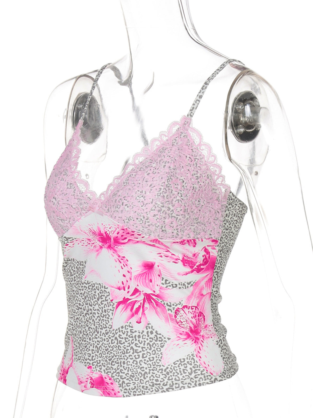 Women's leopard print cami top with lace trim from Plush Fashion Hub, featuring a stylish and feminine sleeveless design.