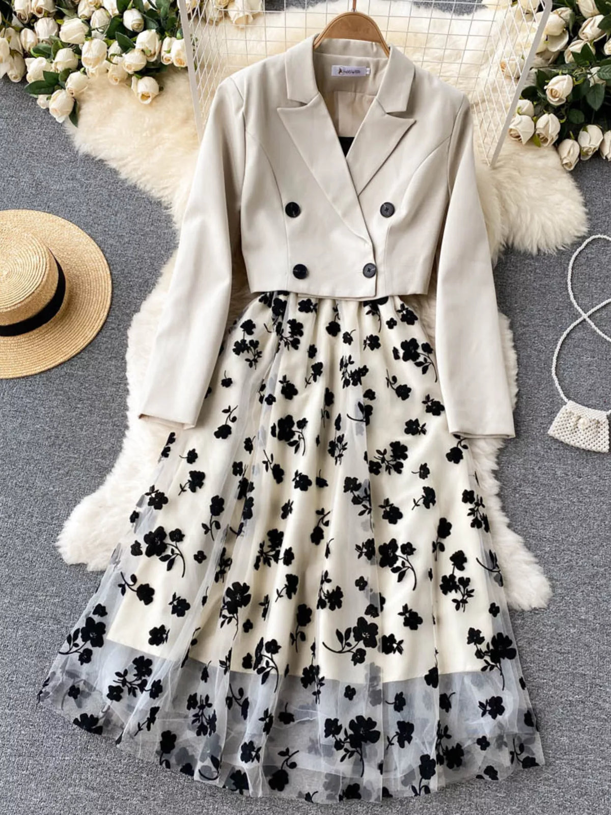 Elegant floral mesh two-piece dress and blazer set by Plush Fashion Hub, featuring a stylish dress with matching blazer.