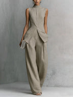 Women's sleeveless top and long pants two-piece casualwear set by FitiqueFit, available in four solid colors, XS to XXL.