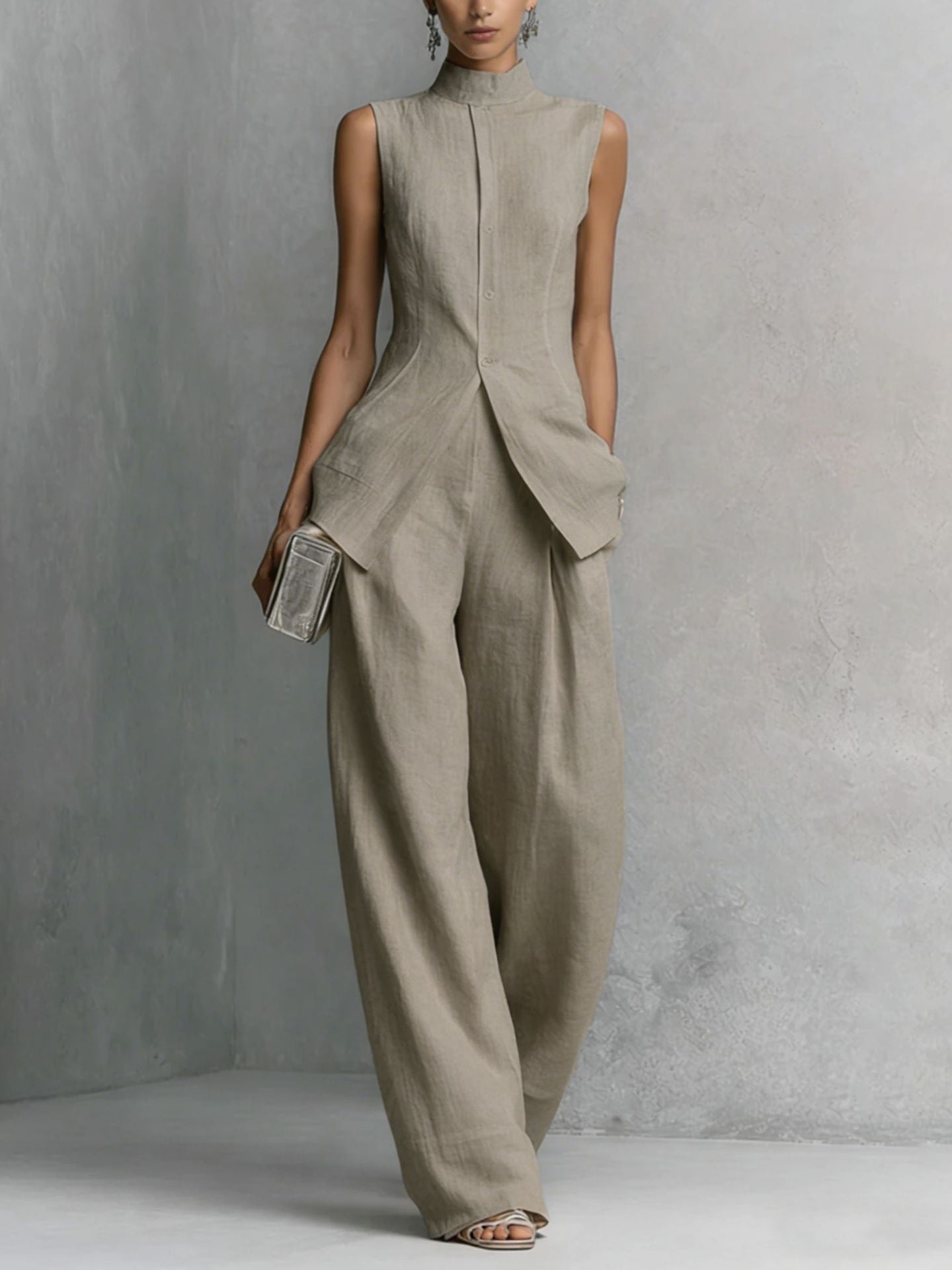 Women's sleeveless top and long pants two-piece casualwear set by FitiqueFit, available in four solid colors, XS to XXL.