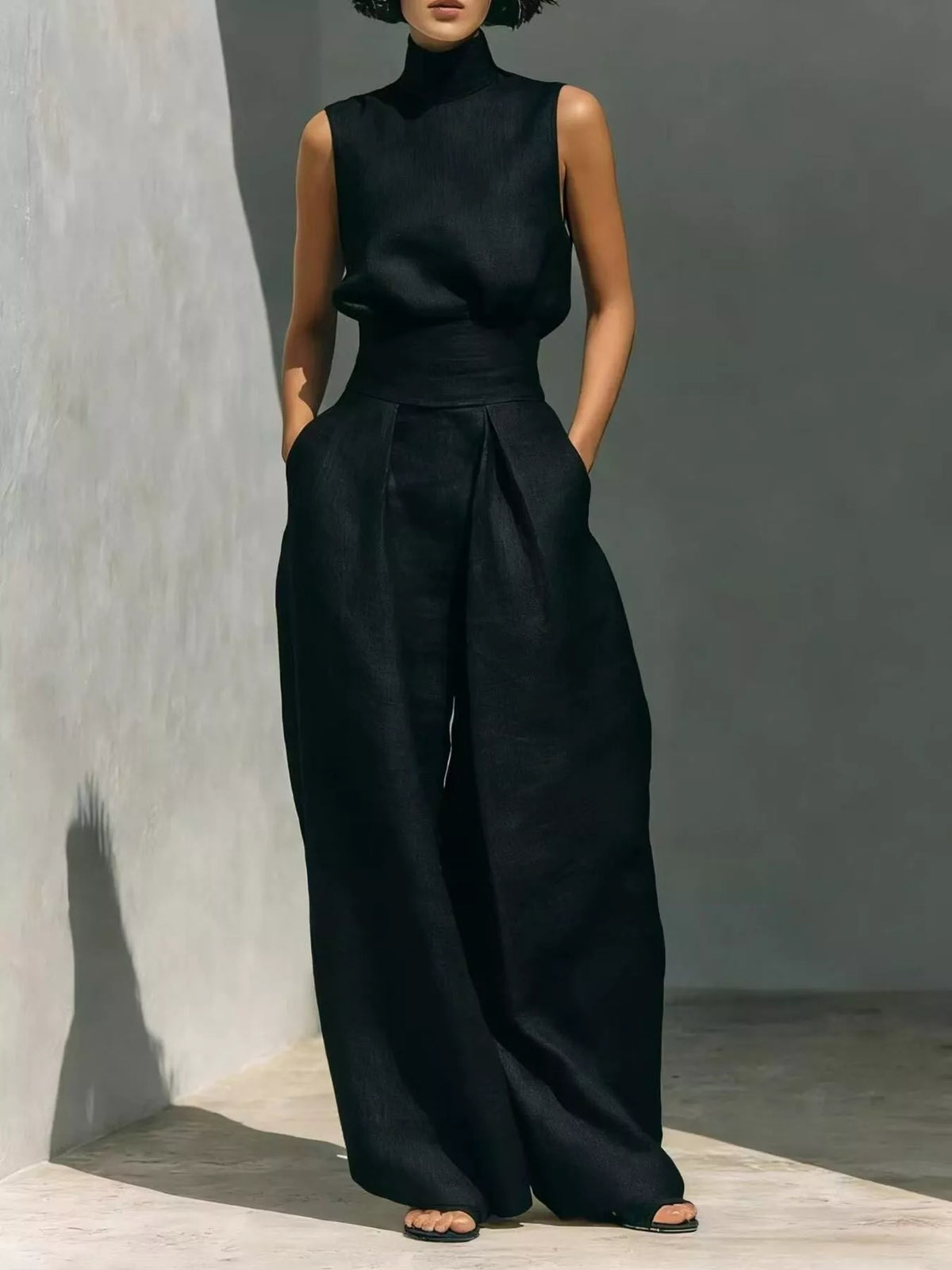 Plush Fashion Hub sleeveless turtleneck top and wide-leg pants set, soft plush fabric, stylish and comfortable women's outfit.