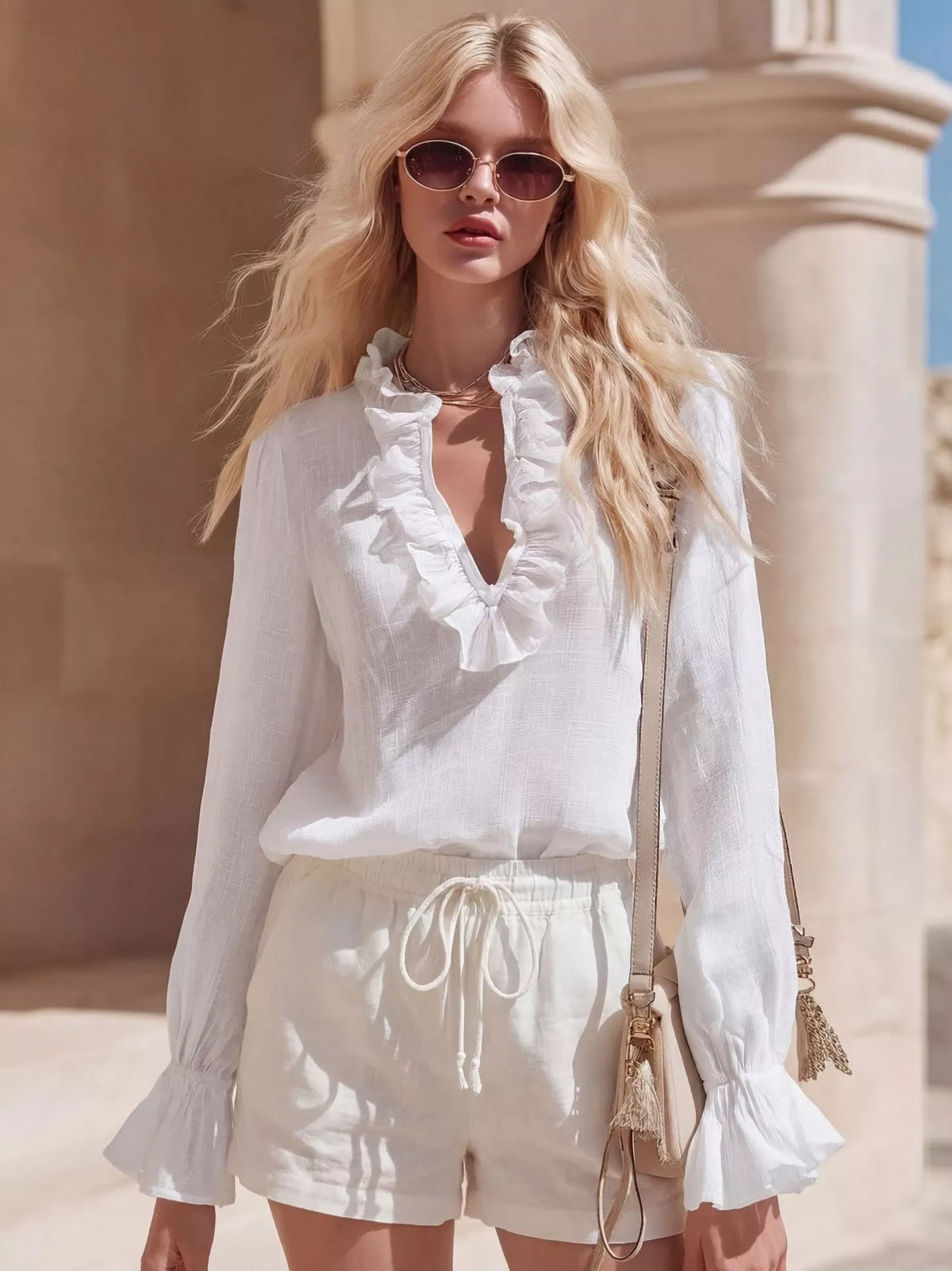 Ruffled V-neck long sleeve blouse by Plush Fashion Hub featuring a feminine design and elegant ruffle details.