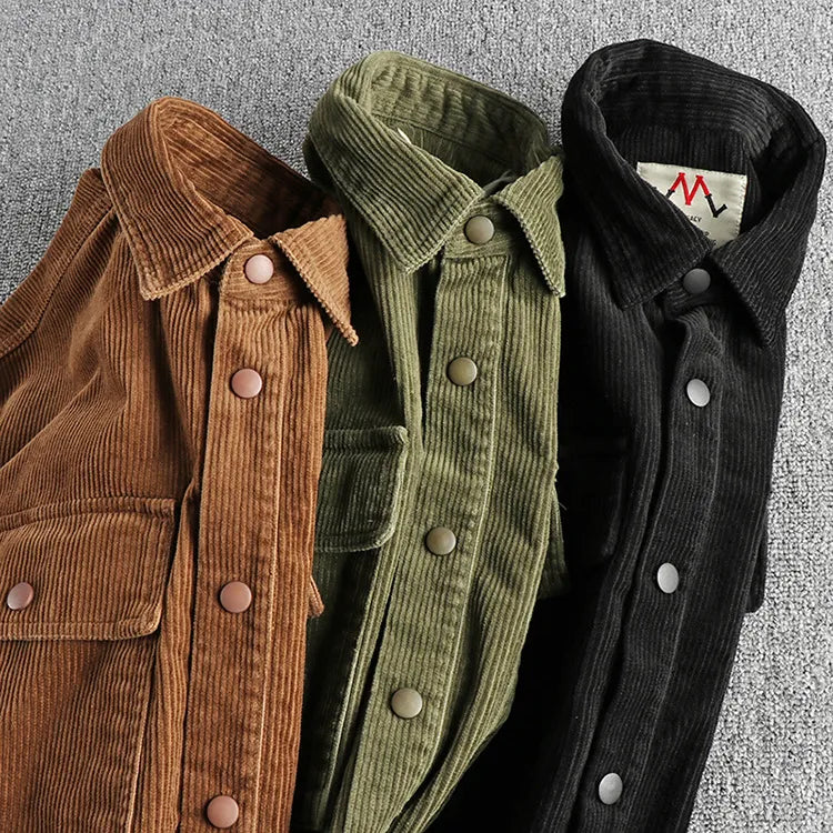 Men's plus size corduroy button-up long sleeve jacket by Trendsi, shown in a classic brown color with a front button closure.