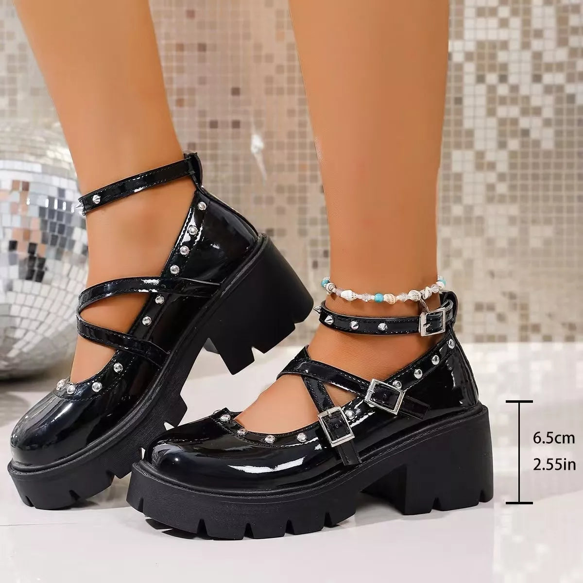 Plush Fashion Hub chunky heel platform Mary Jane sneakers in beige with ankle straps and rounded toe, casual and stylish footwear