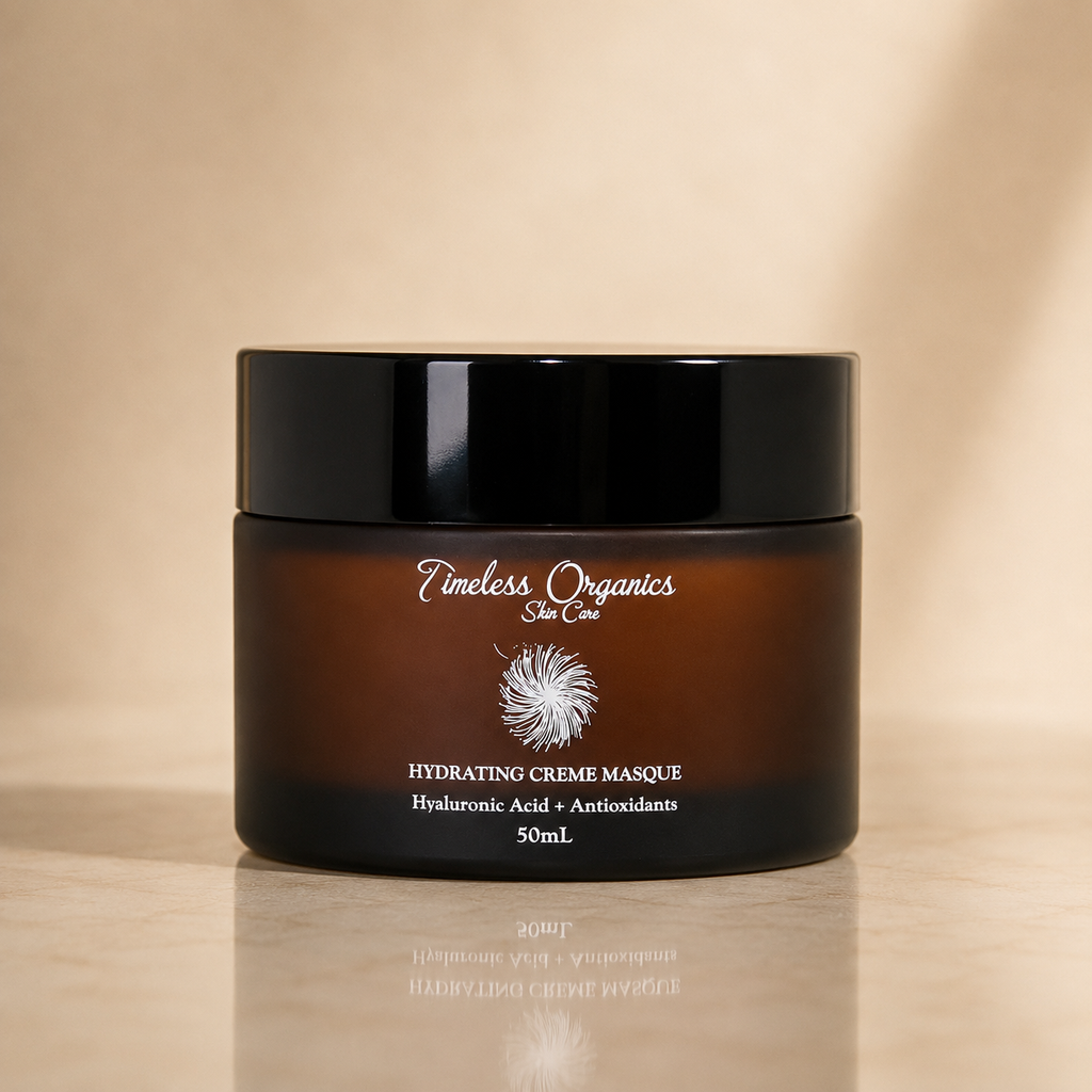 Timeless Organics Skin Care Deep Hydration and Antioxidant Creme Masque in a jar, showing its rich, creamy texture for nourishing skincare.