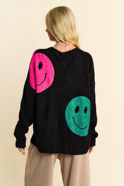 Women's Contrast Smile Round Neck Oversize Sweater - Plush Fashion Shop #