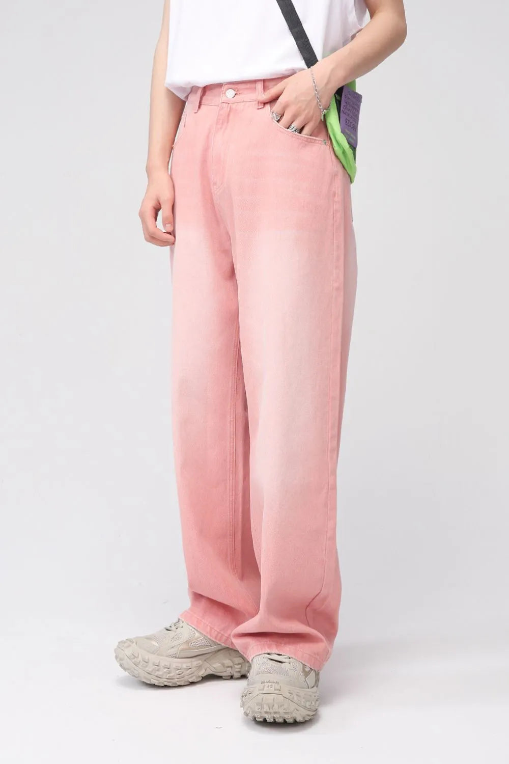 Plush Fashion Hub pocketed baggy denim jeans with relaxed fit and classic blue wash, displayed on a hanger.