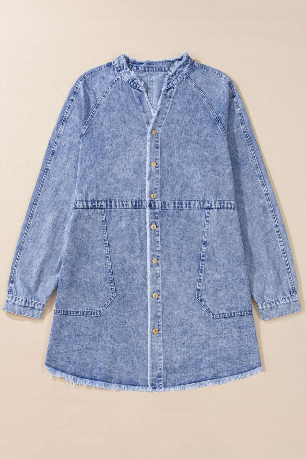 Raw hem button-down long sleeve denim dress by Plush Fashion Hub, featuring classic collar, front buttons, and casual style.