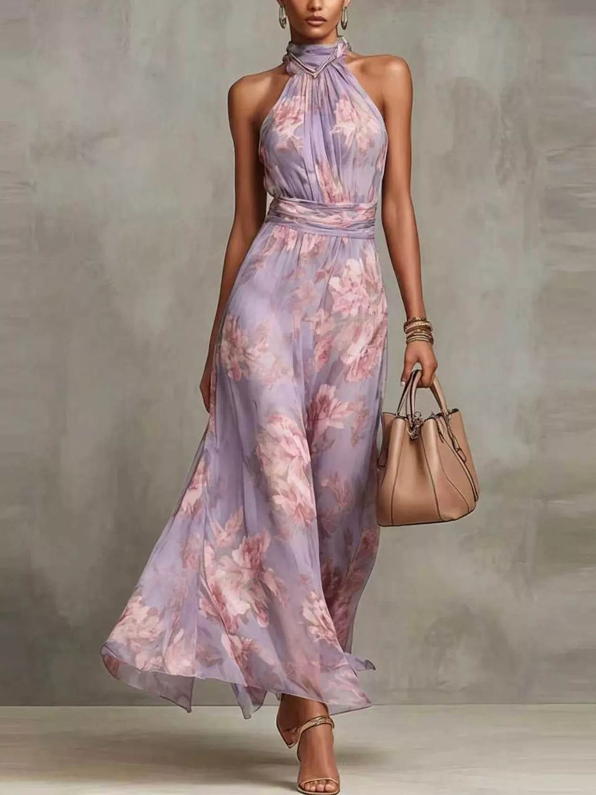 Plus size floral print sleeveless maxi dress from Trendsi, showcasing a full-length, vibrant floral pattern and flowing fabric.