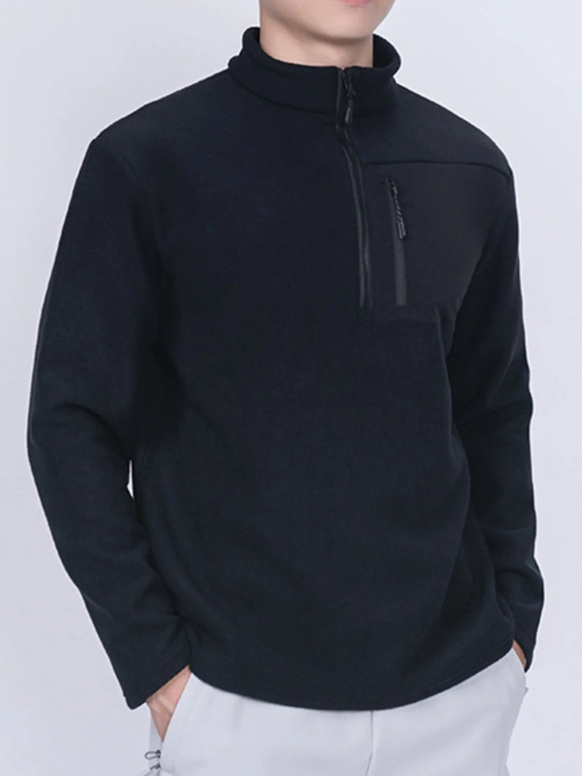 Men's plus size fleece sweatshirt with half-zip, chest pocket, Trendsi brand, in dark gray, soft and cozy fabric for casual wear.
