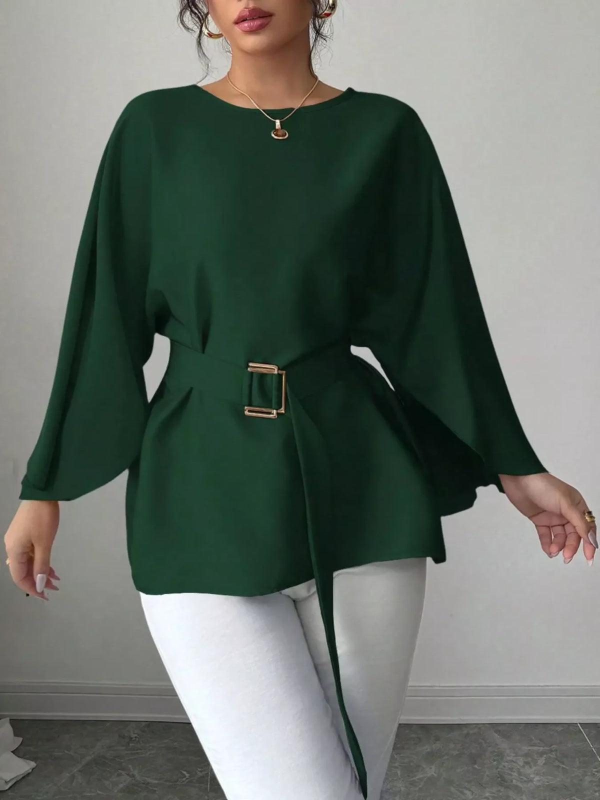 Batwing sleeve belted blouse from Plush Fashion Hub featuring a flowy design and stylish fit, perfect for casual or office wear.