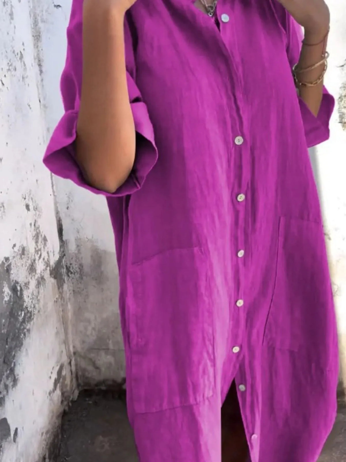 Plus size linen button-down shirt dress by Trendsi, casual full-size dress with a collar, long sleeves, and front buttons.