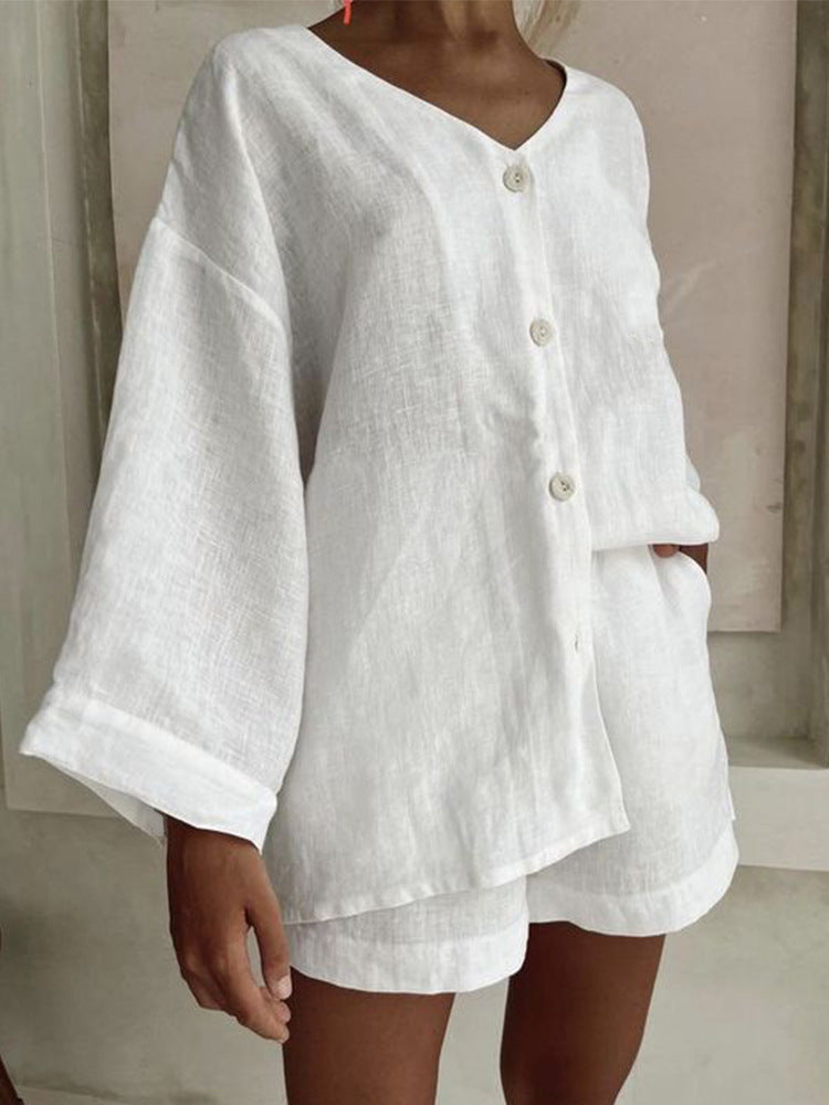 Women's cotton linen shirt and shorts set by Plush Fashion Hub, long sleeve button casual 2-piece outfit, light and breathable fabric.