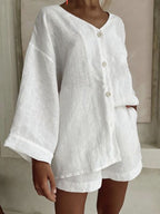 Women's cotton linen shirt and shorts set by Plush Fashion Hub, long sleeve button casual 2-piece outfit, light and breathable fabric.