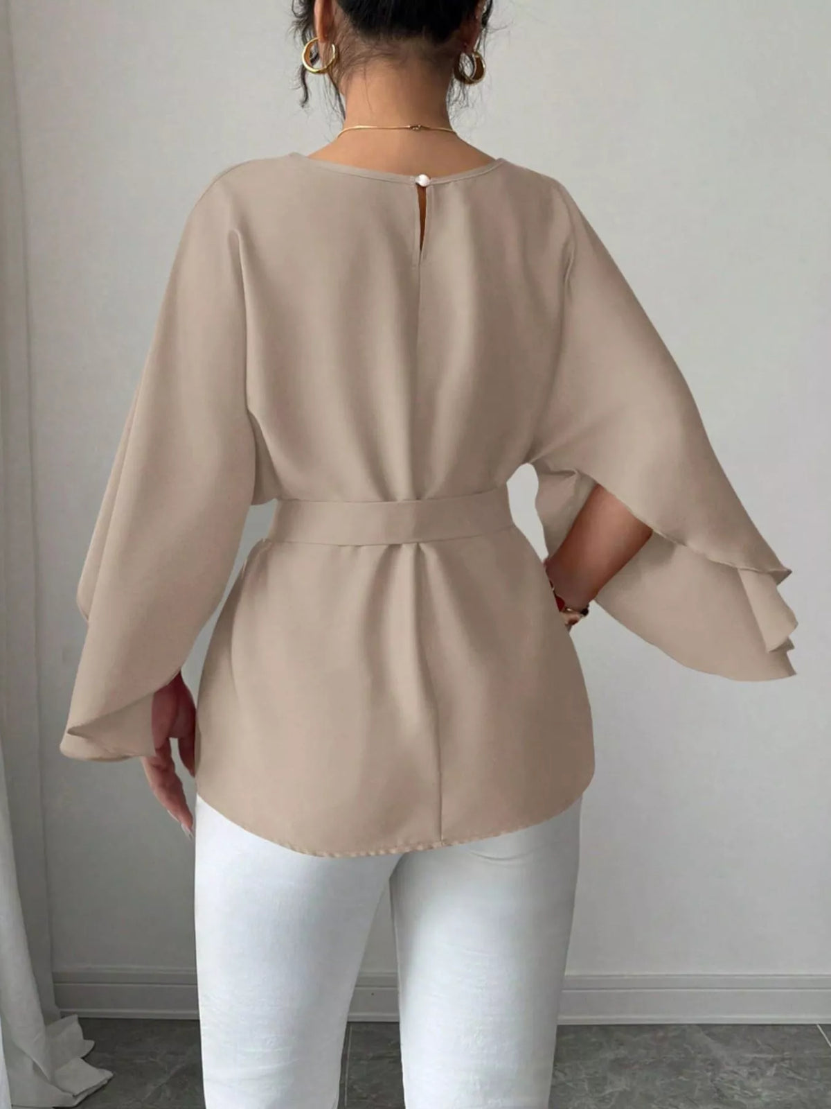Max-Origin batwing sleeve belted blouse from Plush Fashion Hub, showcasing flowy fabric and stylish design in a close-up image.
