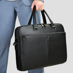 Pi-Mart men's horizontal leather briefcase with large capacity, 17-inch computer compartment, made of first-layer cowhide.