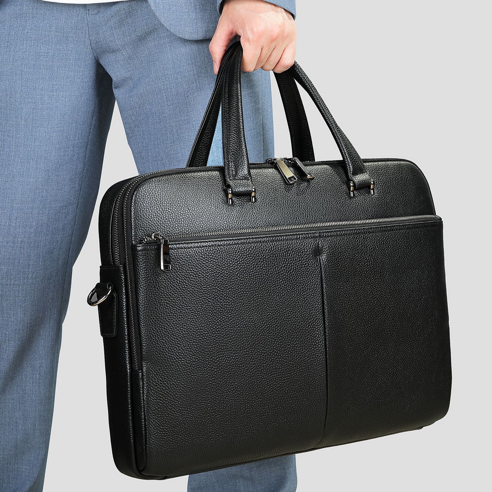 Pi-Mart men's horizontal leather briefcase with large capacity, 17-inch computer compartment, made of first-layer cowhide.