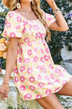 Floral square neck puff sleeve cotton midi dress with pleated flared design, perfect for casual or semi-formal occasions.