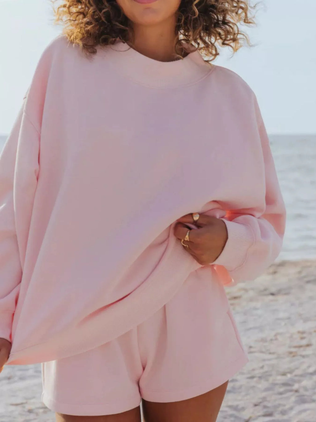 Trendsi relaxed fit round neck sweatshirt and shorts set, casual 2-piece loungewear in soft fabric, shown in neutral color.