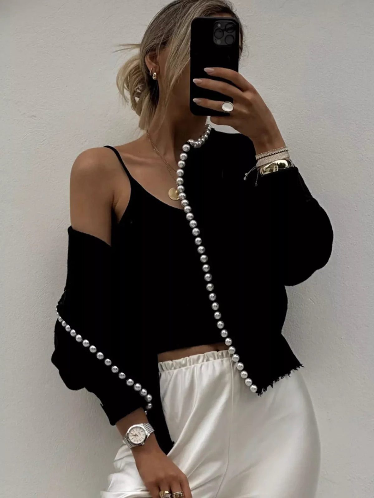 Open front women's cardigan with pearl trim, stylish and lightweight, perfect for casual or dressy outfits.