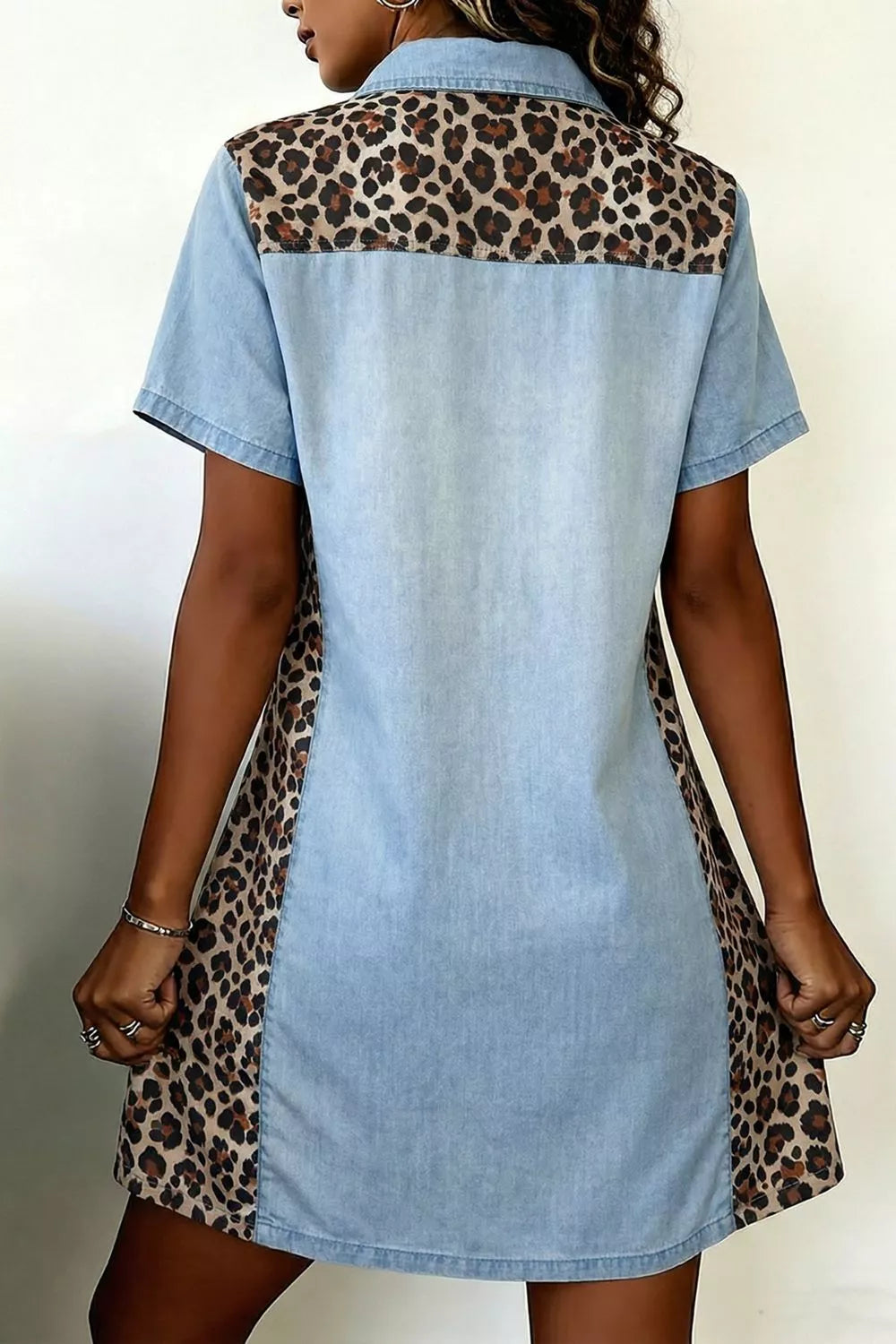 Leopard print panel short sleeve dress by Plush Fashion Hub, featuring a stylish casual design with a relaxed fit.