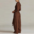 Women's casual two-piece set with collar long sleeve top and high-waist pants by FitiqueFit in five colors, displayed on a model.