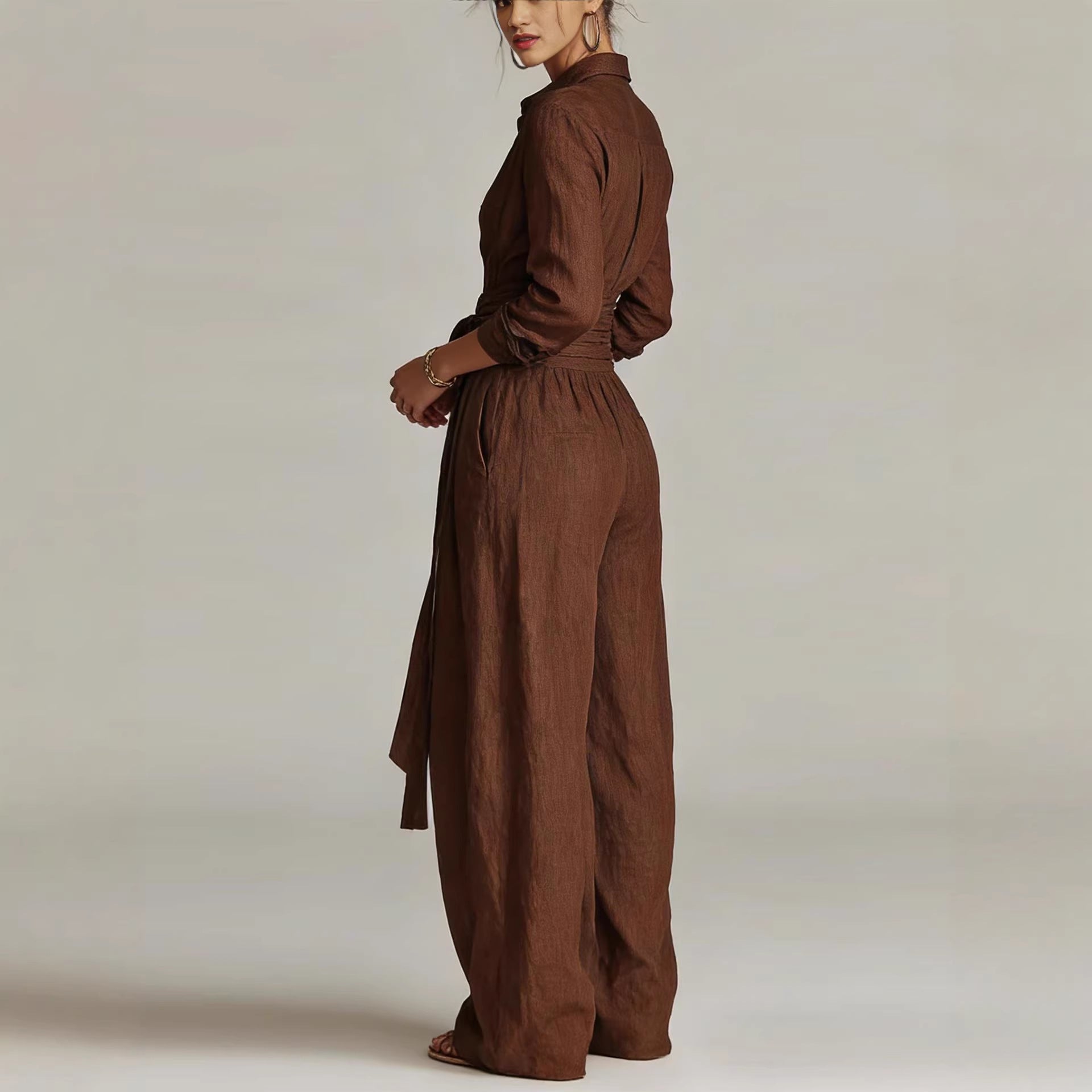 Women's casual two-piece set with collar long sleeve top and high-waist pants by FitiqueFit in five colors, displayed on a model.
