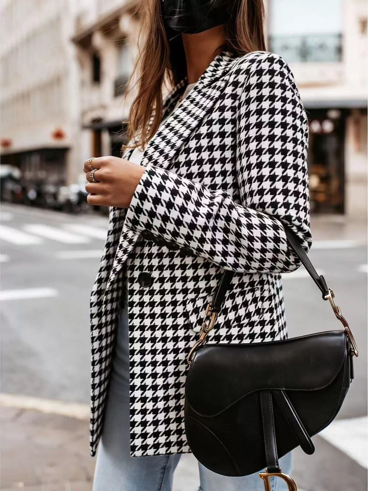 Classic houndstooth double-breasted blazer from Trendsi, featuring a tailored fit and stylish pattern, shown on a model.