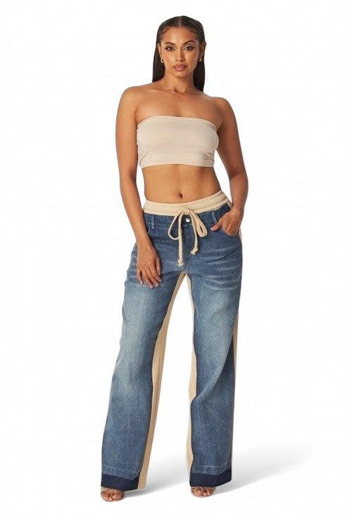 Plush Fashion Hub April straight leg denim jean sweatpants showing a relaxed fit with classic denim texture and stitching.