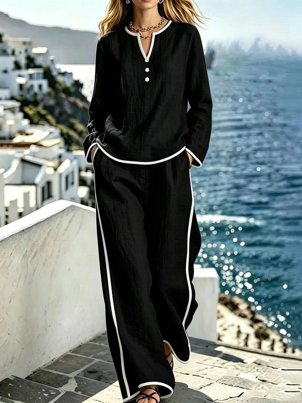 Contrast trim long sleeve top and pants set by Trendsi, featuring a chic matching outfit with stylish detailing.