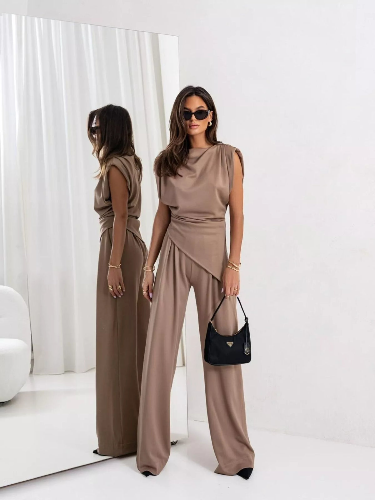 Plush Fashion Hub satin cowl neck top and matching pants set, stylish and elegant clothing ensemble with smooth fabric and relaxed fit.