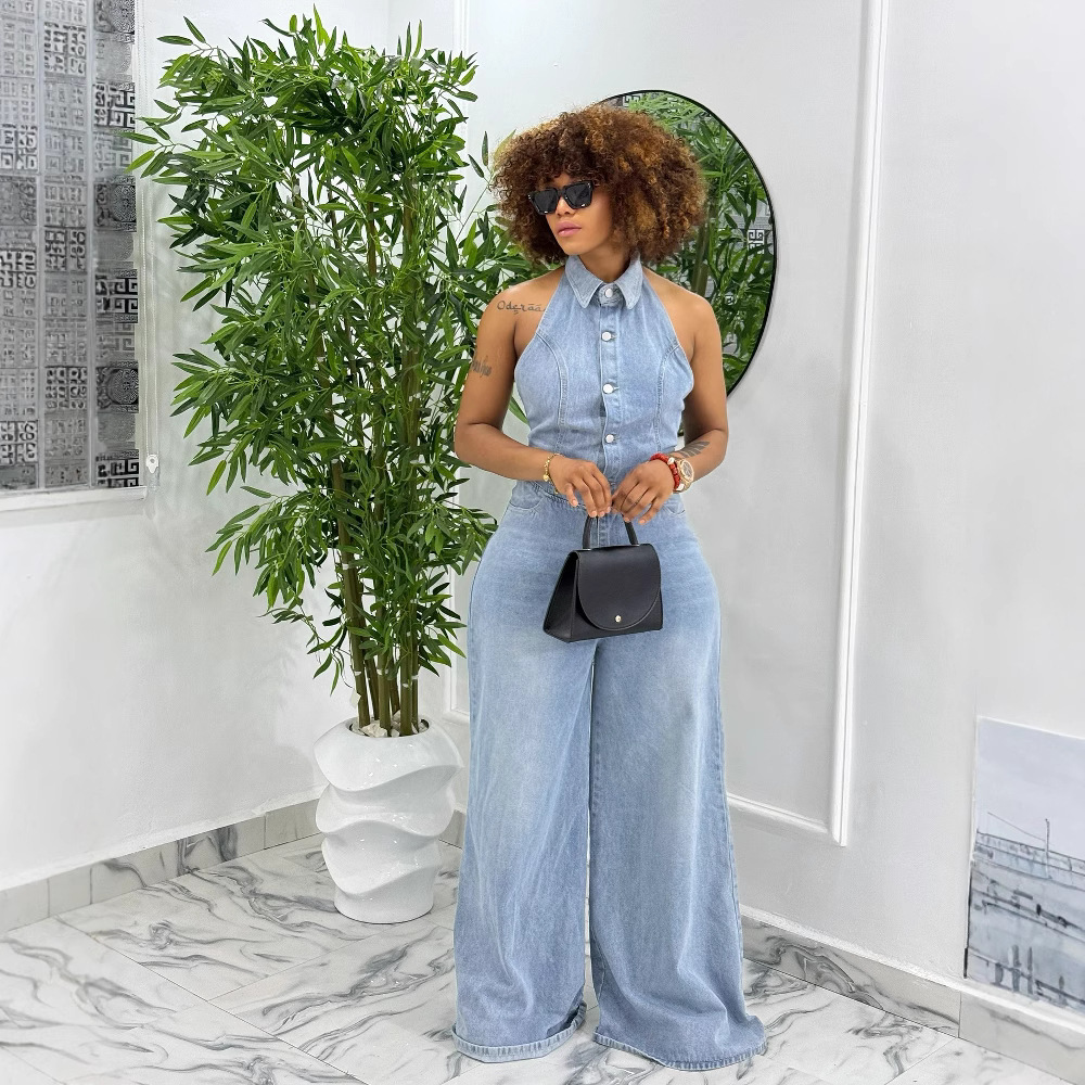 Women's Backless Washed Denim Halter Jumpsuit
