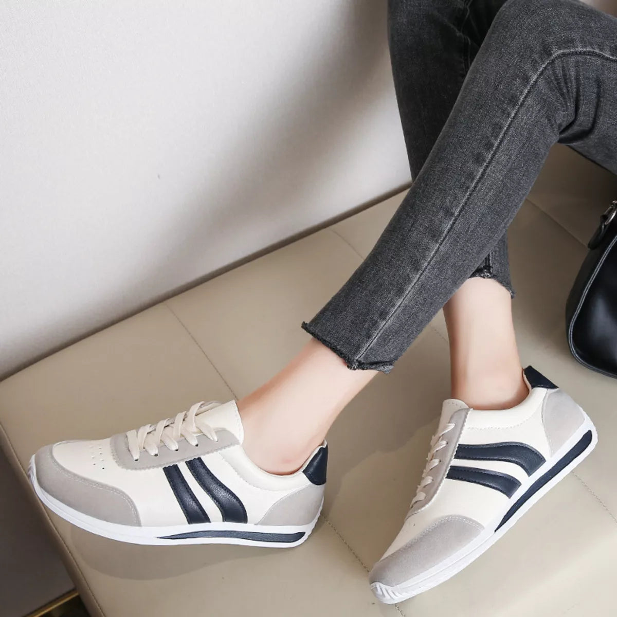 Women’s round toe lace-up sneakers by Trendsi, casual sneakers with white soles and stylish design, suitable for everyday wear.
