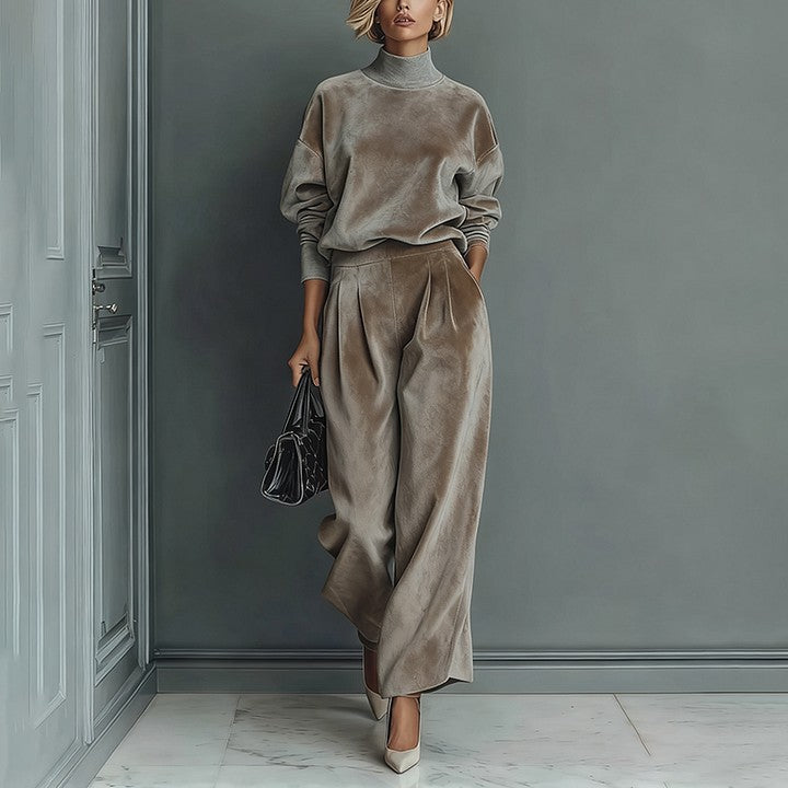 LadyShow.Store casual velour long-sleeved high-neck zipper sportswear in solid color with wide-leg design, suitable for activewear.