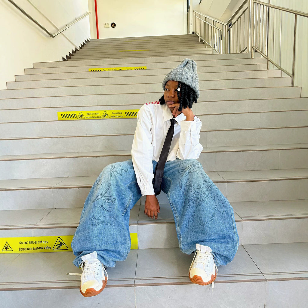 Graffiti Print Washed Denim Jeans