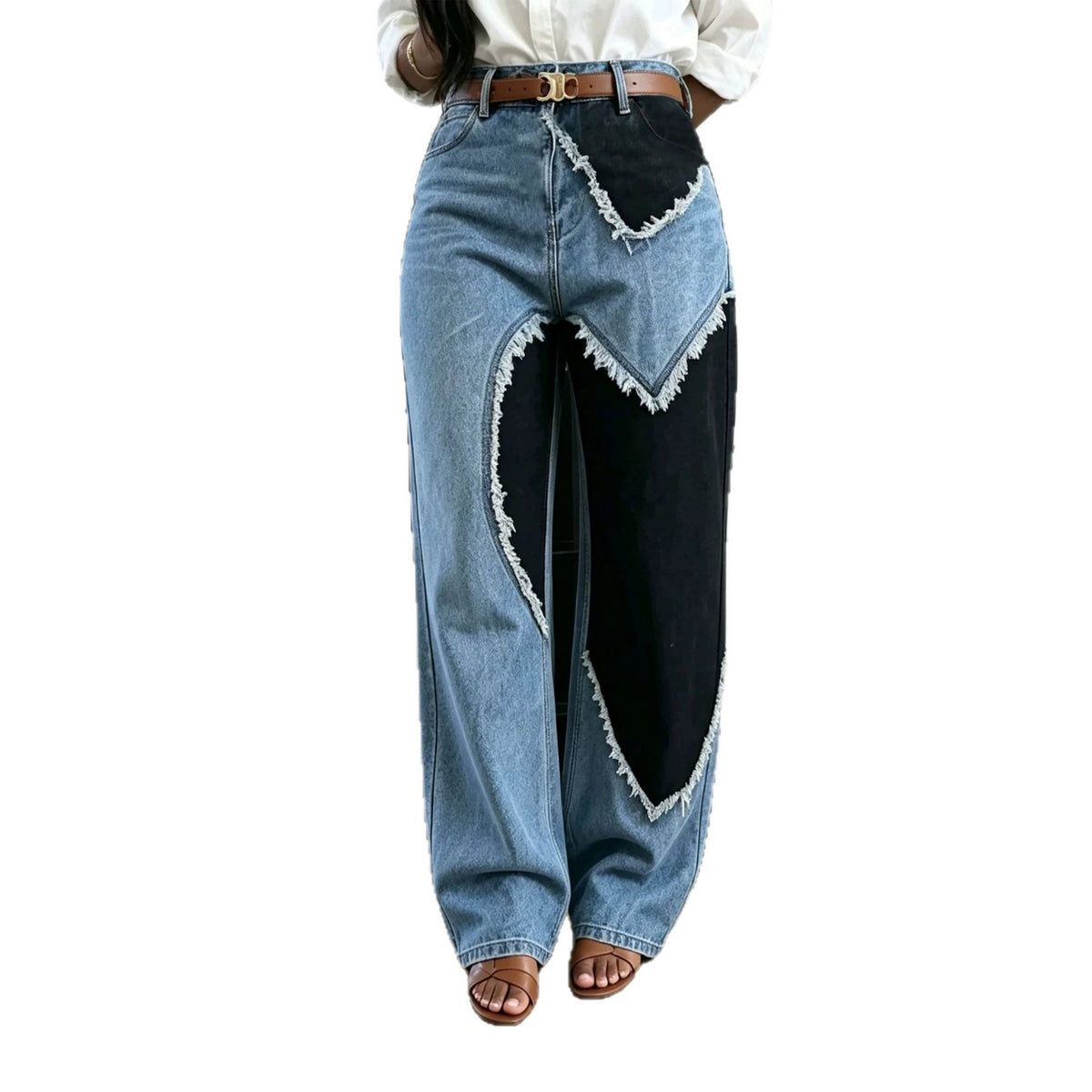 Color block patchwork heart raw hem denim jeans by Plush Fashion Hub, featuring vibrant color blocks and distressed raw hems.