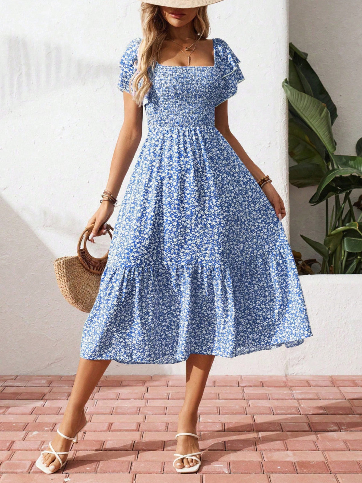 Lightweight floral print smocked midi dress with ruffle sleeves by Plush Fashion Hub, perfect for summer fashion.