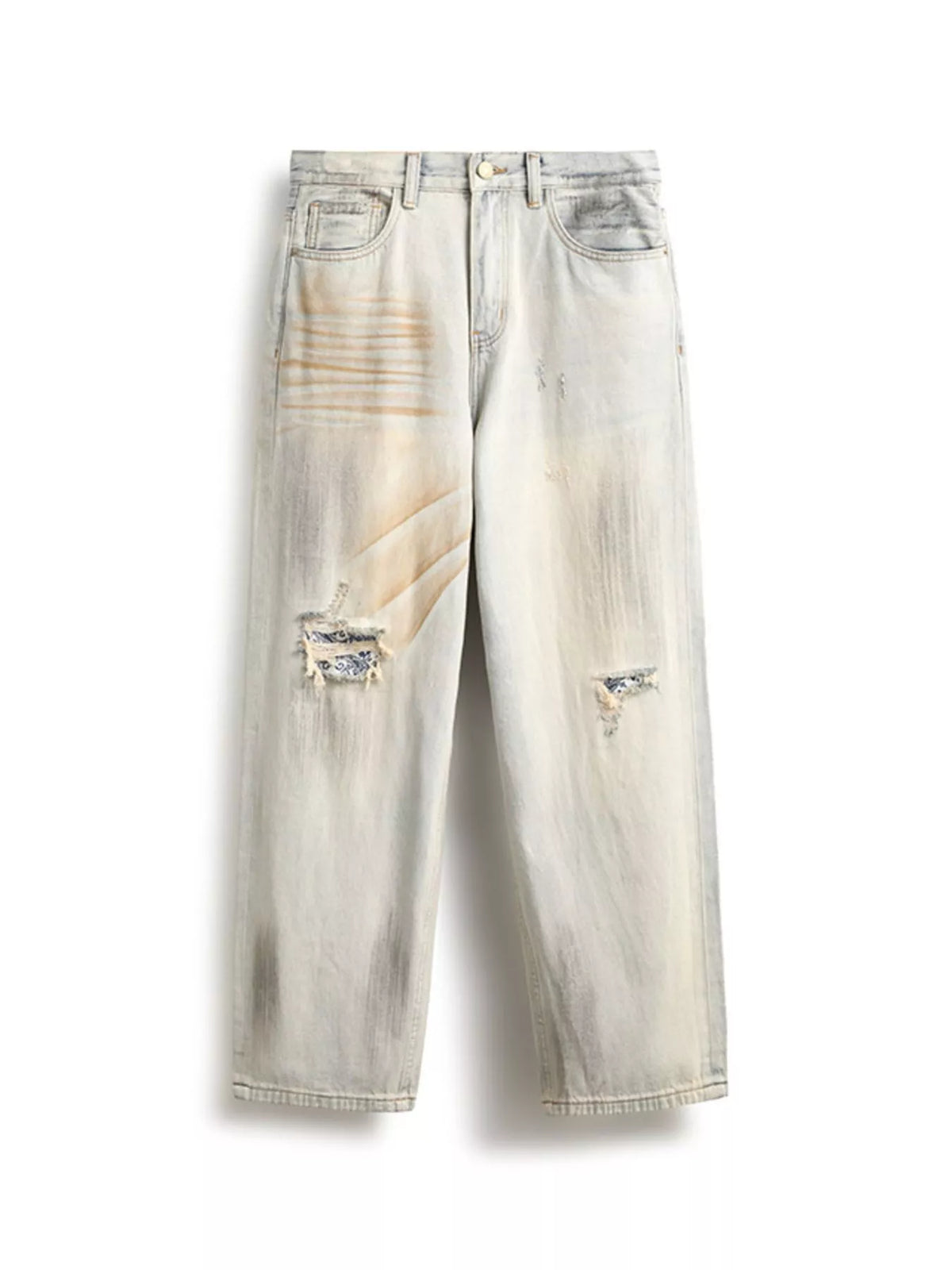 Men's distressed wide-leg jeans by Plush Fashion Hub featuring ripped detailing and relaxed fit, shown on a model.