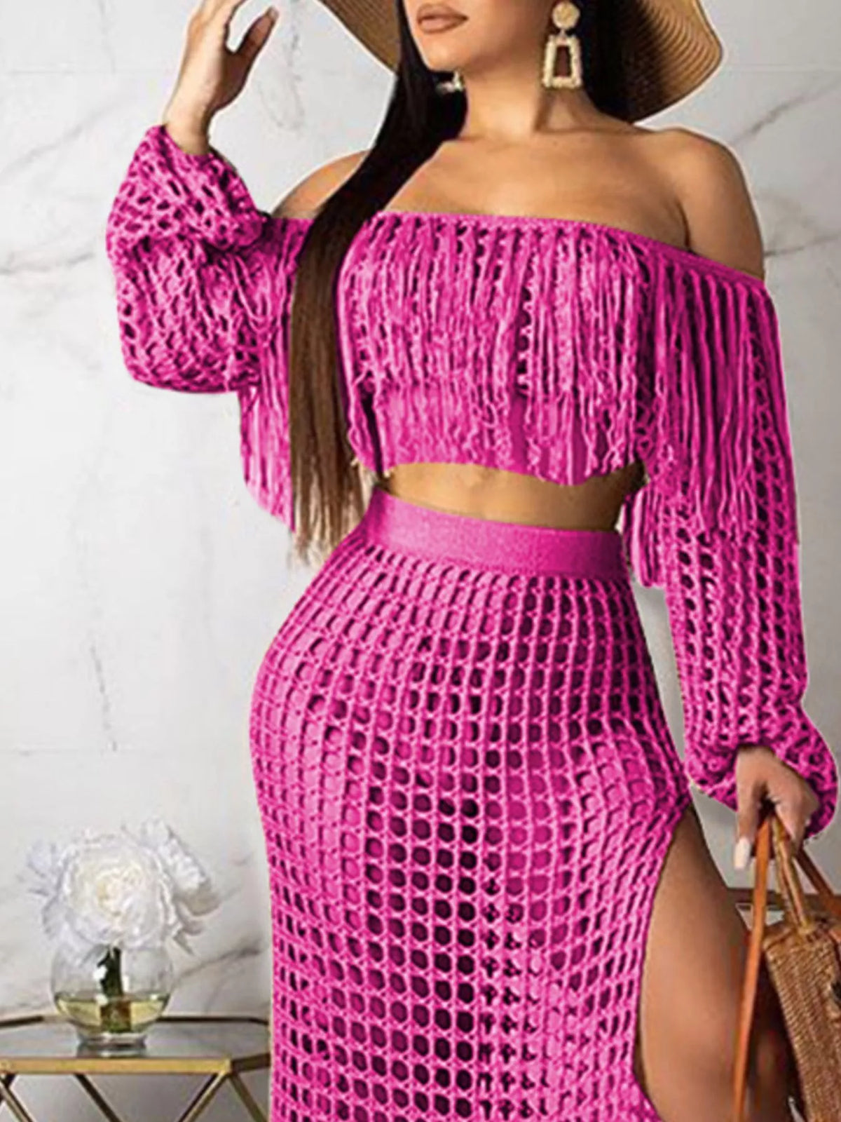 Plus size crochet off-shoulder fringe top and matching skirt set by Plush Fashion Hub, featuring intricate crochet details and flowing fringe.