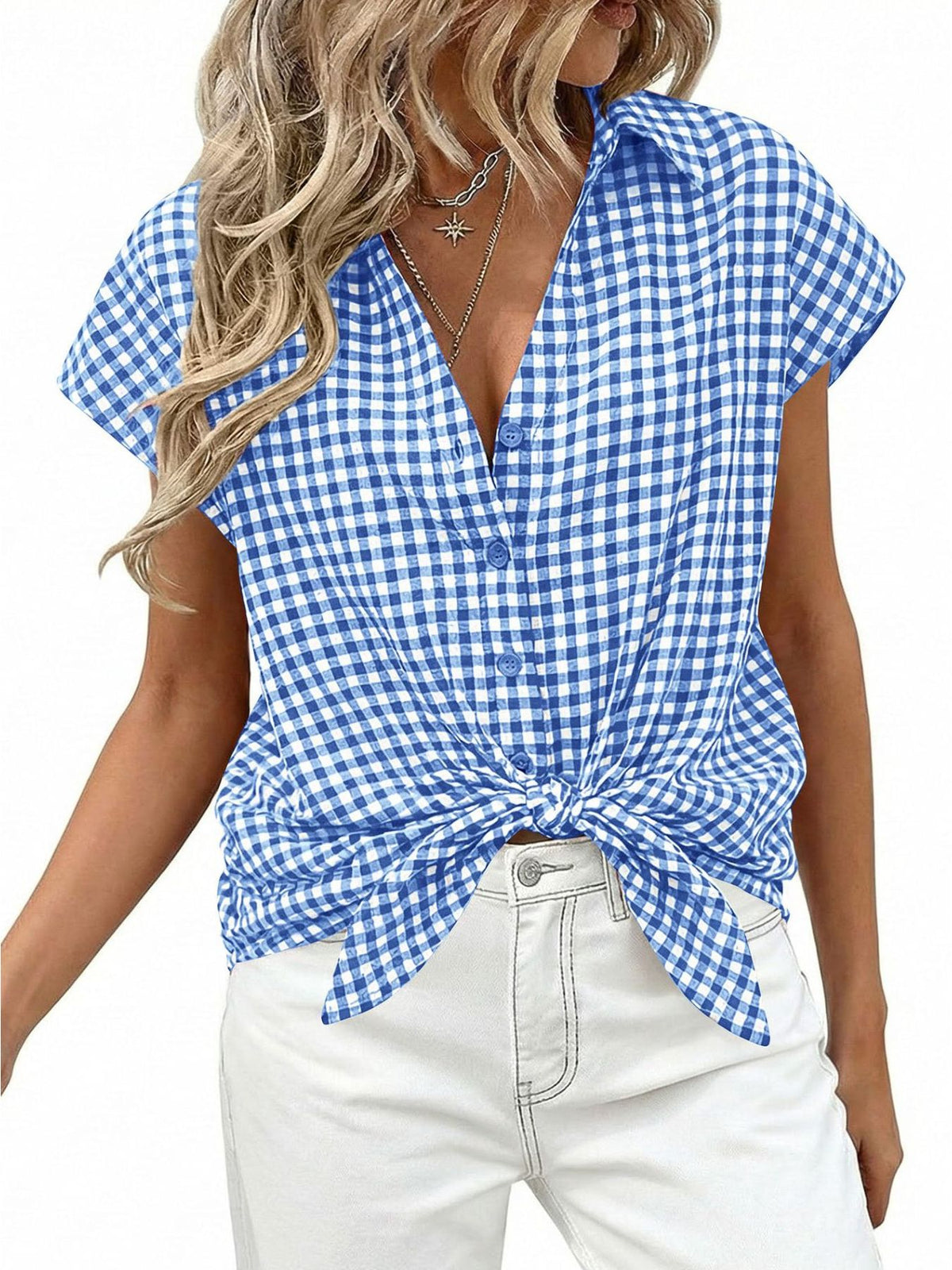 Women's classic gingham print button-down shirt with tie detail from Plush Fashion Hub, featuring a stylish, casual design.