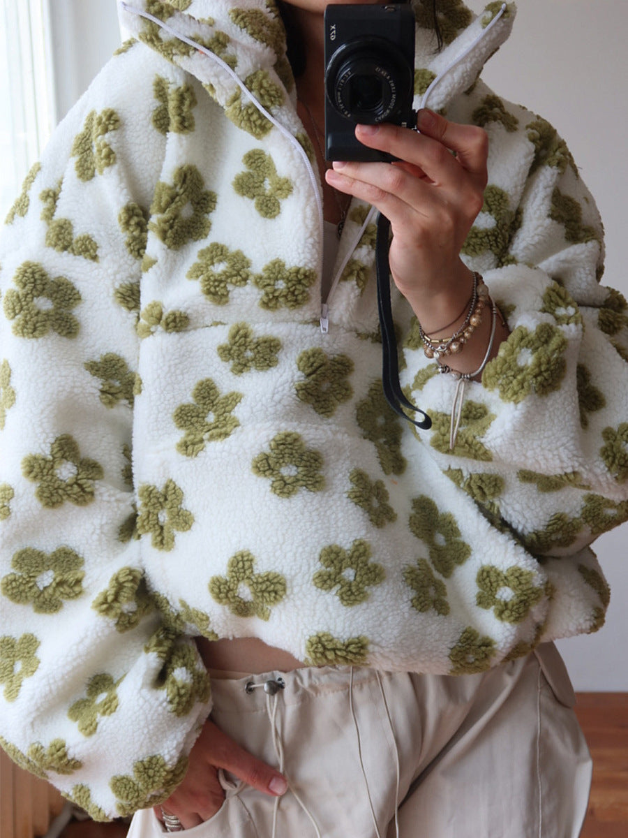 Women’s Winter Flowers Lambskin Sweatshirt by FitiqueFit, cozy zip-up pocket pullover with floral design and soft lambskin texture.