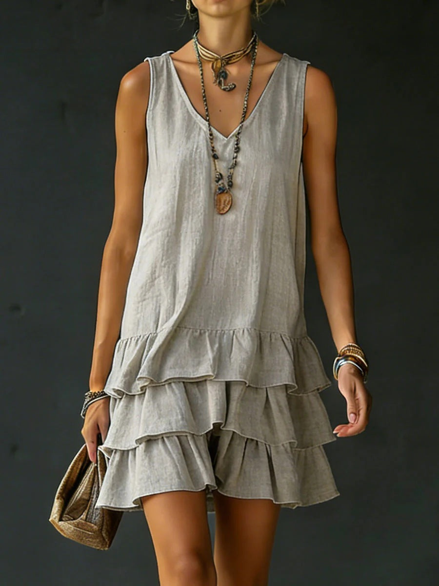 V-neck sleeveless midi dress by FitiqueFit in five colors, shown on a model, perfect casualwear for warm weather.