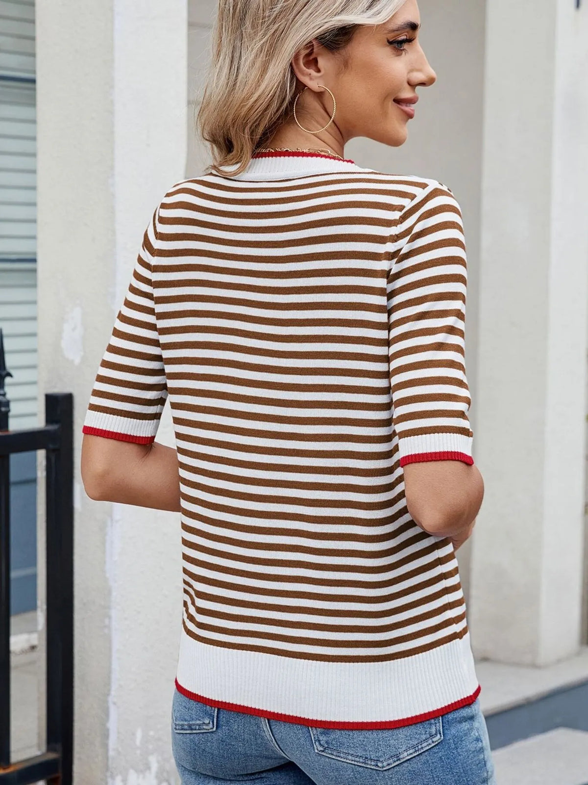 Striped casual T-shirt with contrast trim from Plush Fashion Hub, featuring a relaxed fit and stylish design.
